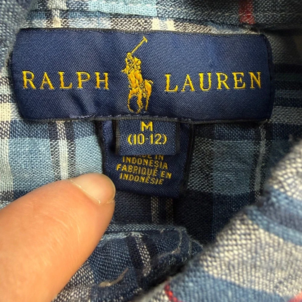 Ralph Lauren Kids Blue Plaid Linen Cotton Short Sleeve Button Down Shirt M 10-12